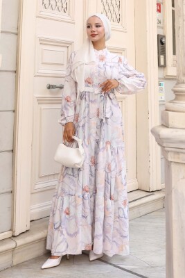 Kadın Desenli Uzun Tesettür Elbise 2586 - Taş 