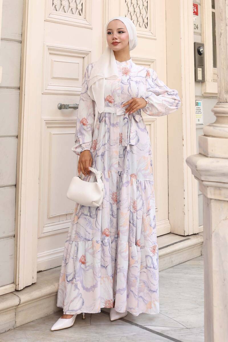 Kadın Desenli Uzun Tesettür Elbise 2586 - Taş - BİGDART