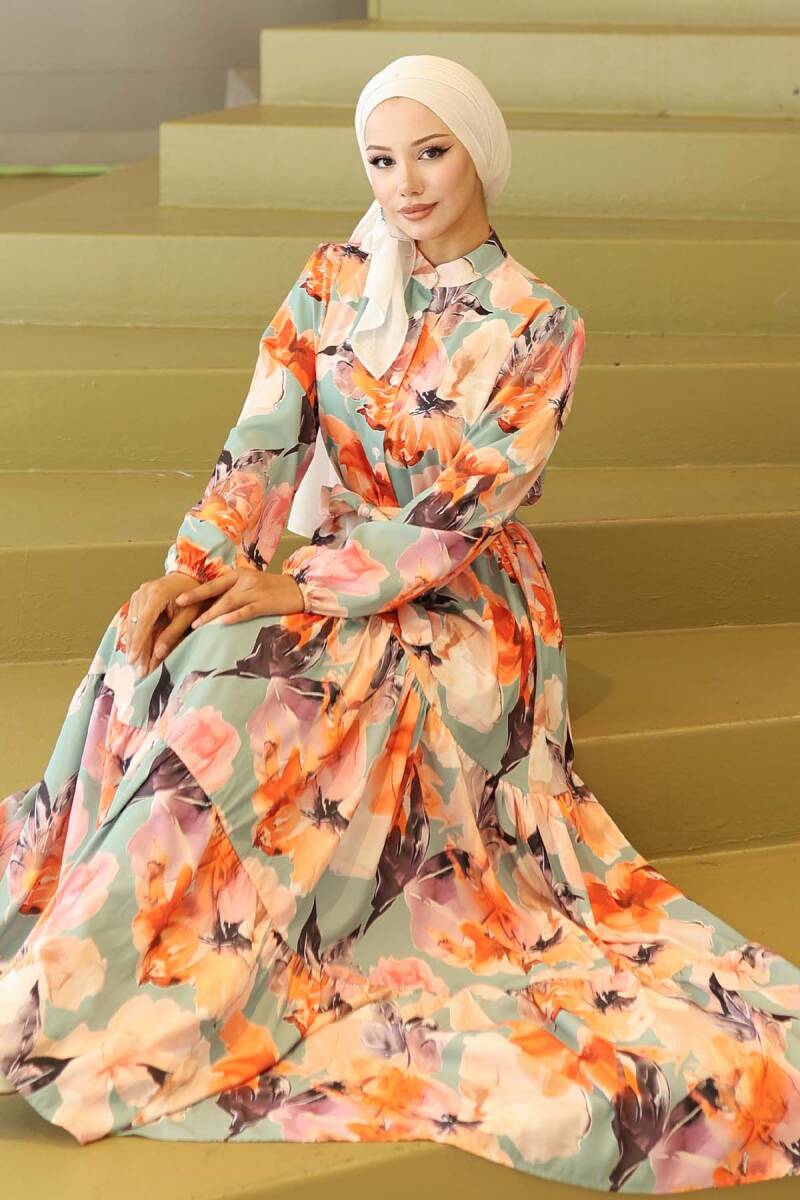 Kadın Desenli Uzun Tesettür Elbise 2586 - Turuncu - BİGDART