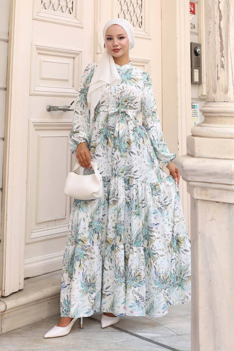 Kadın Desenli Uzun Tesettür Elbise 2586 - Y.Yeşil - BİGDART