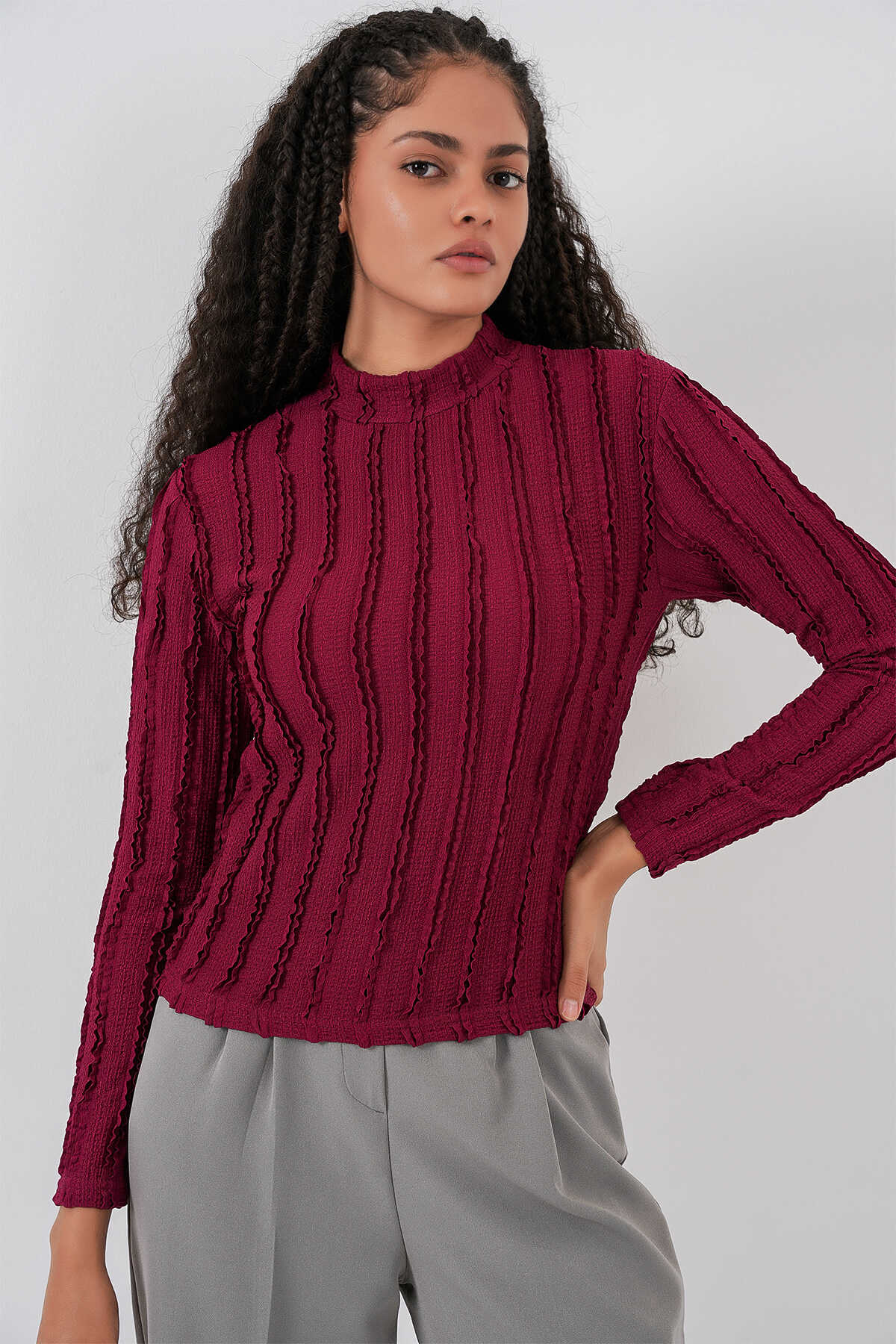 Kadın Dokulu Esnek Örme Bluz 975 - Bordo - 1