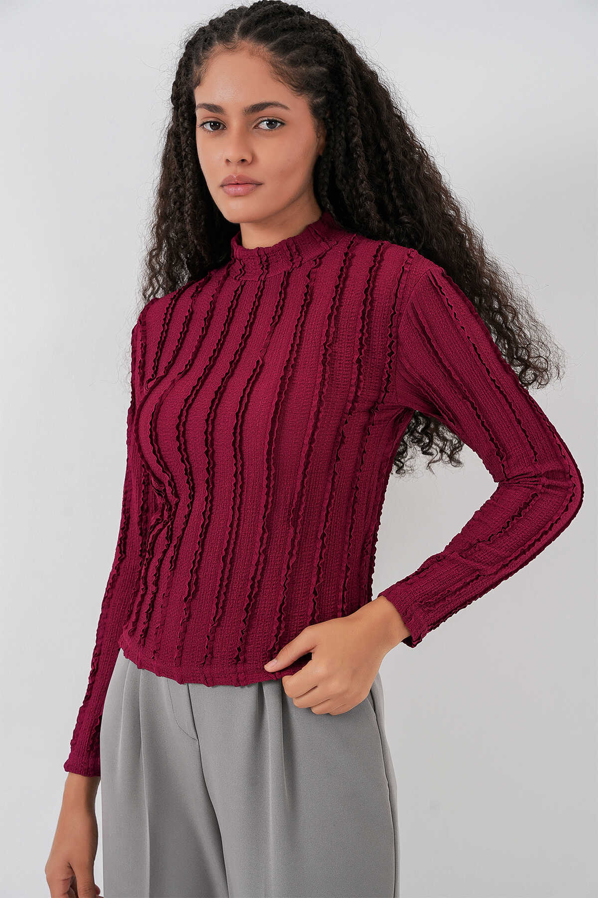 Kadın Dokulu Esnek Örme Bluz 975 - Bordo - 4