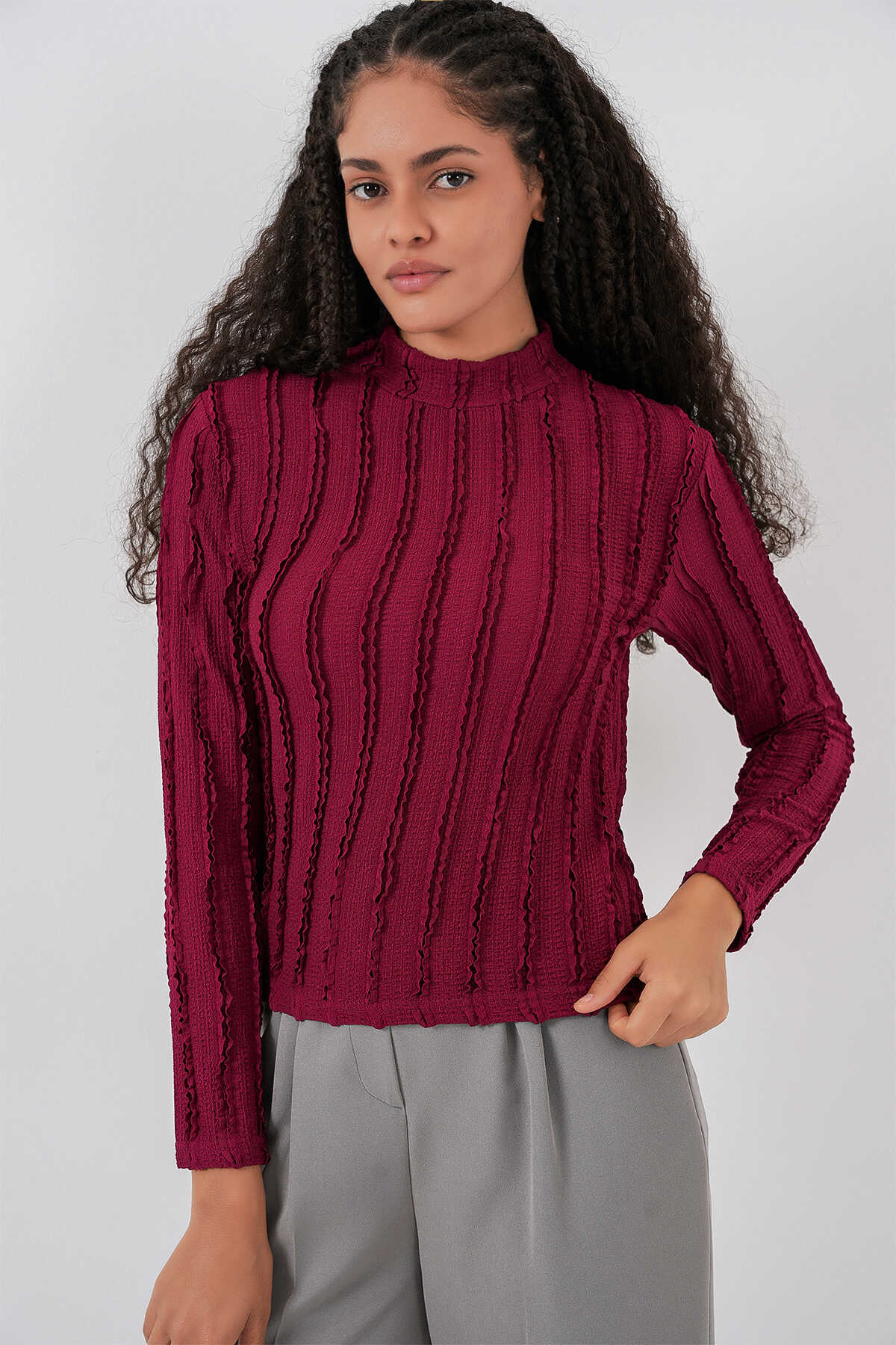 Kadın Dokulu Esnek Örme Bluz 975 - Bordo - 5
