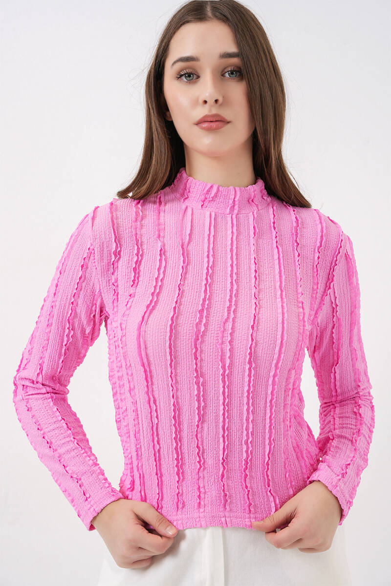 Kadın Dokulu Esnek Örme Bluz 975 - Pembe - BİGDART