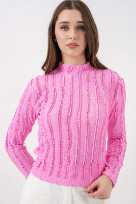 Kadın Dokulu Esnek Örme Bluz 975 - Pembe - 3