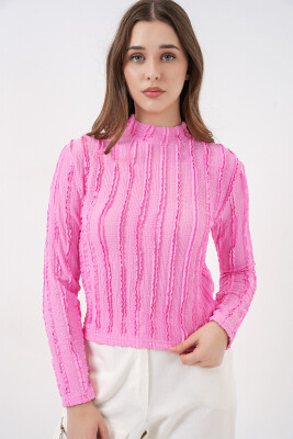 Kadın Dokulu Esnek Örme Bluz 975 - Pembe - 4