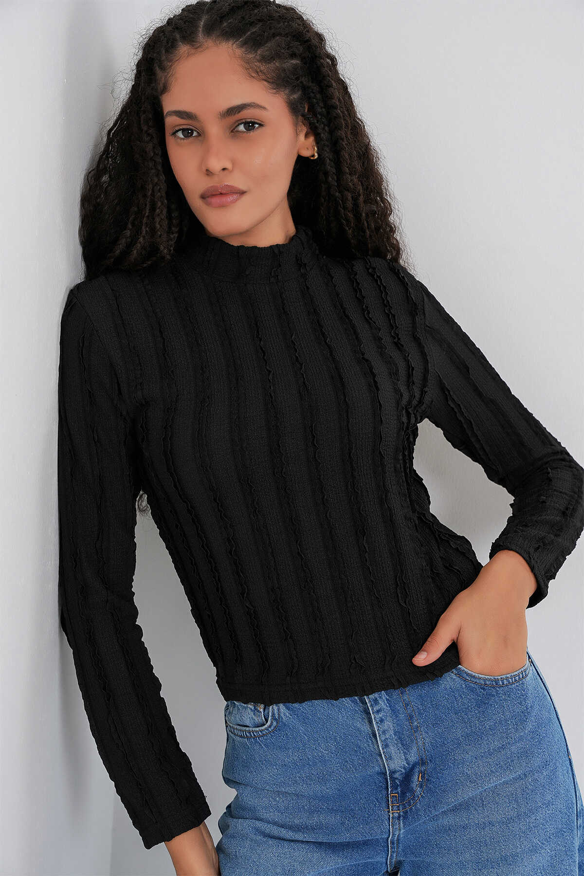 Kadın Dokulu Esnek Örme Bluz 975 - Siyah - 5