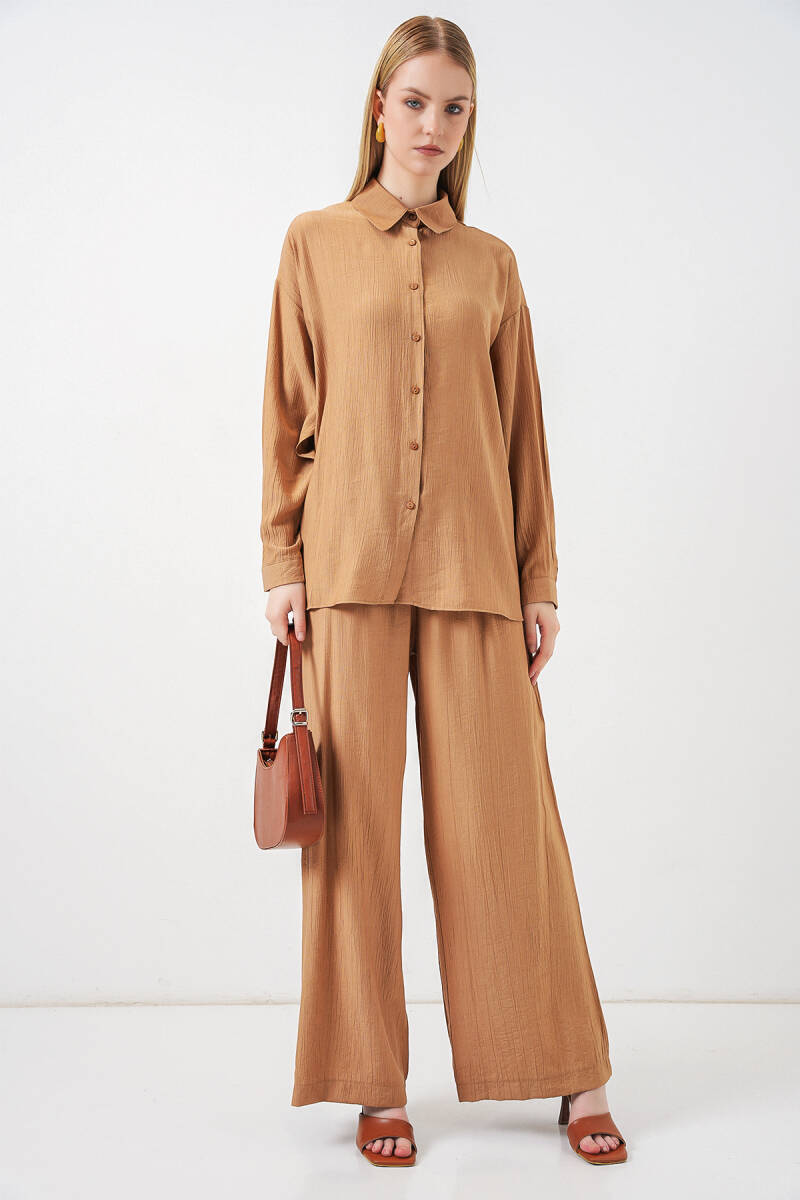 Kadın Dokulu Gömlek Pantolon İkili Takım 6710 - Camel - BİGDART