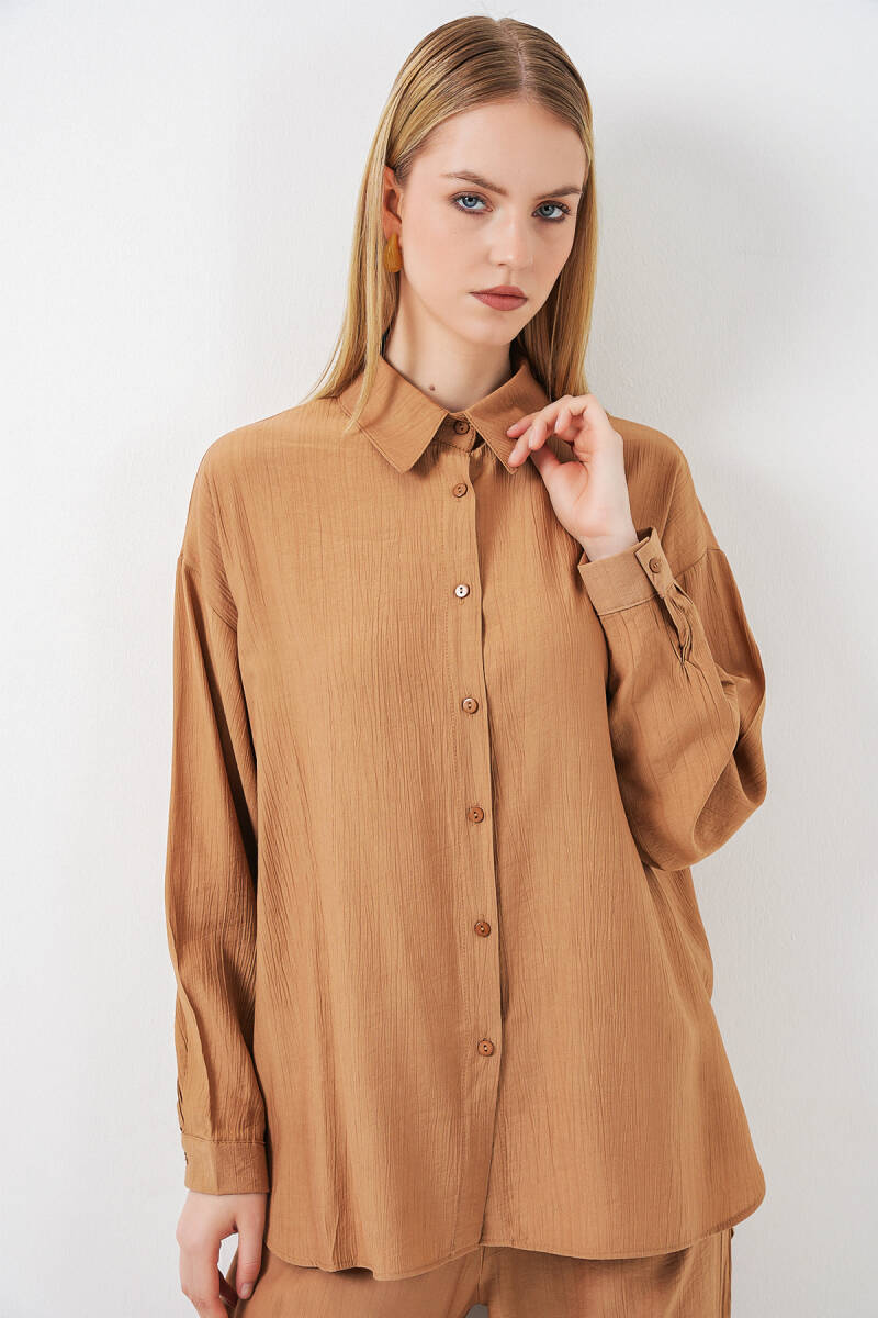 Kadın Dokulu Gömlek Pantolon İkili Takım 6710 - Camel (1)