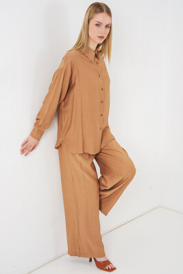 Kadın Dokulu Gömlek Pantolon İkili Takım 6710 - Camel - 3
