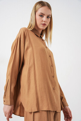 Kadın Dokulu Gömlek Pantolon İkili Takım 6710 - Camel - 4