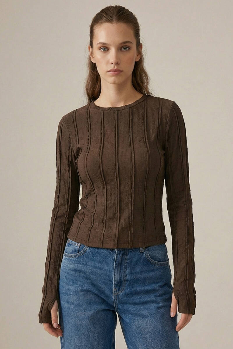 Kadın Dokulu Örme Bluz 980 - Kahverengi - BİGDART