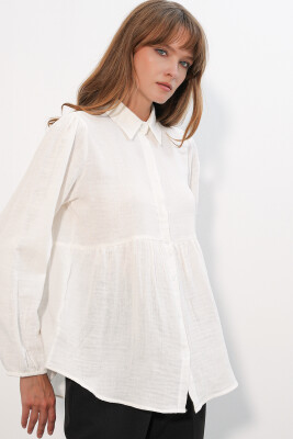 Kadın Dokulu Oversize Keten Gömlek 20381 - Beyaz - 3