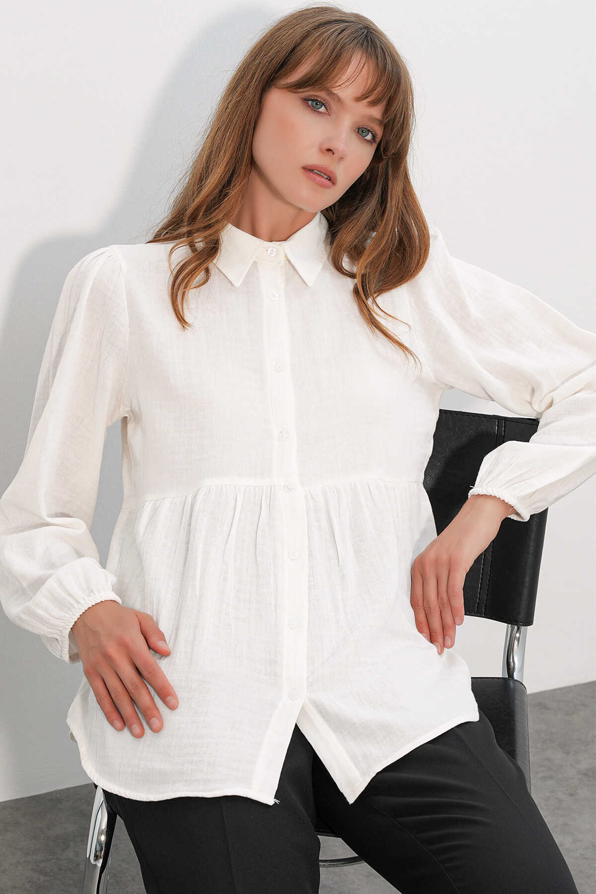 Kadın Dokulu Oversize Keten Gömlek 20381 - Beyaz - 4