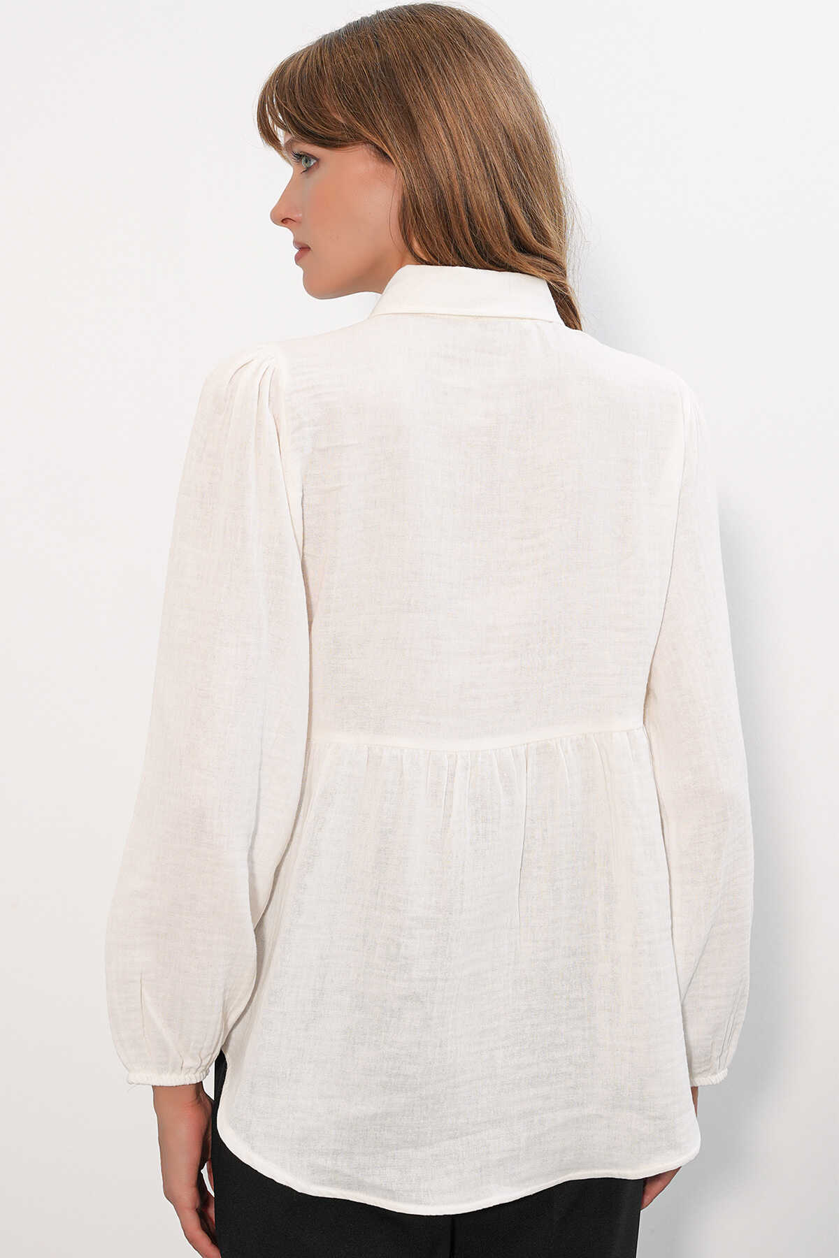 Kadın Dokulu Oversize Keten Gömlek 20381 - Beyaz - 6