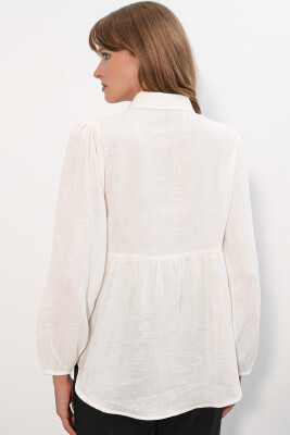 Kadın Dokulu Oversize Keten Gömlek 20381 - Beyaz - 6
