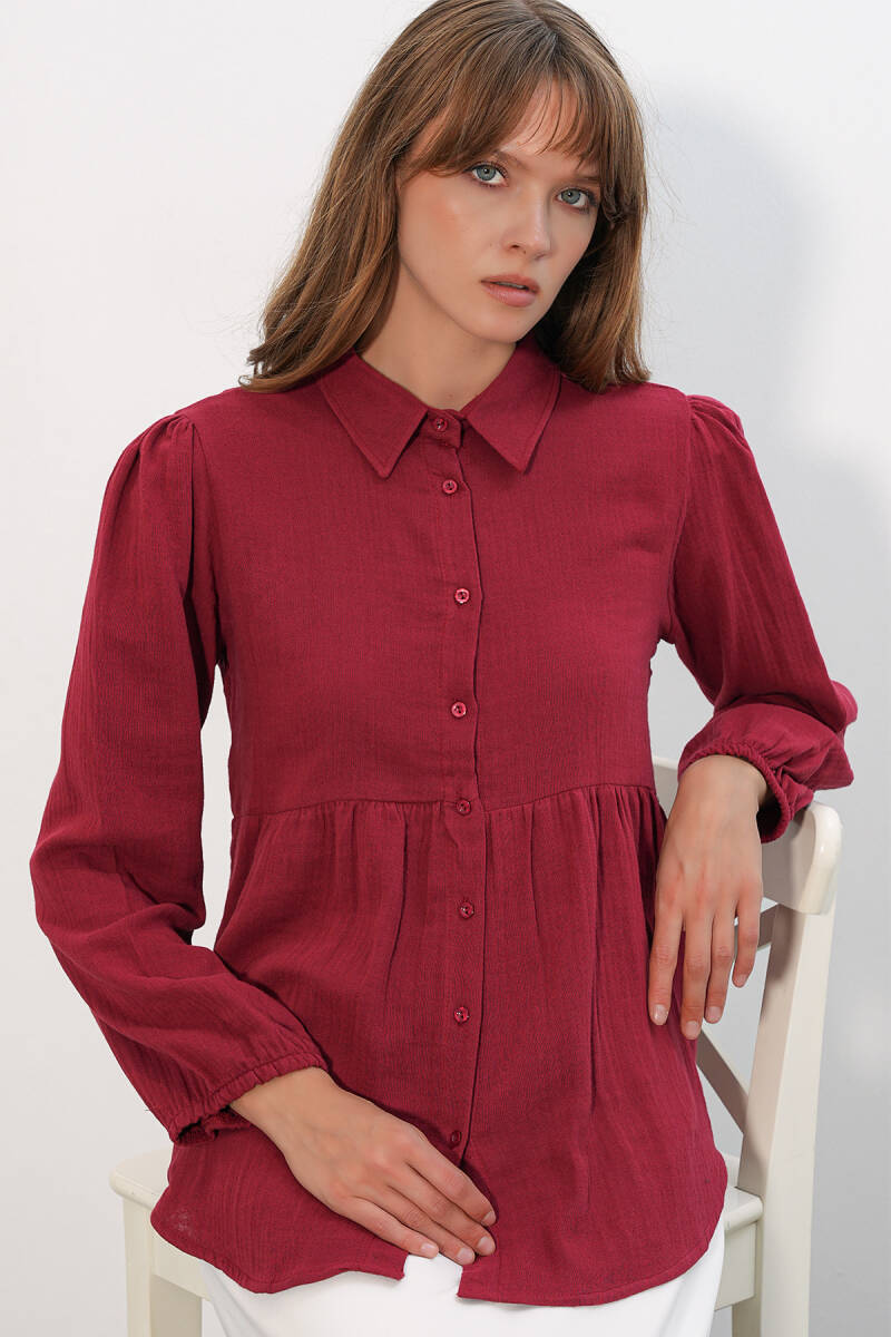 Kadın Dokulu Oversize Keten Gömlek 20381 - Bordo - BİGDART