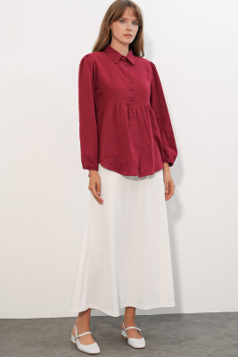 Kadın Dokulu Oversize Keten Gömlek 20381 - Bordo - 2