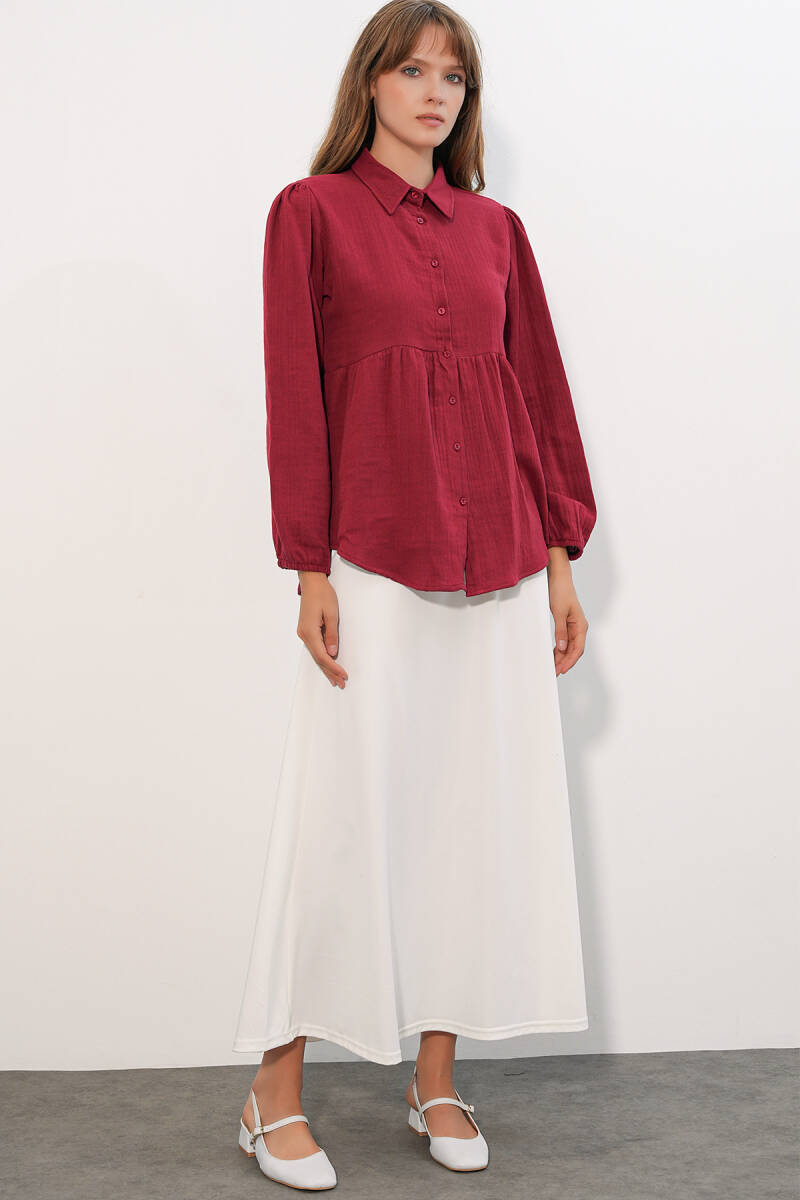 Kadın Dokulu Oversize Keten Gömlek 20381 - Bordo (1)