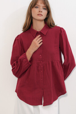 Kadın Dokulu Oversize Keten Gömlek 20381 - Bordo - 3