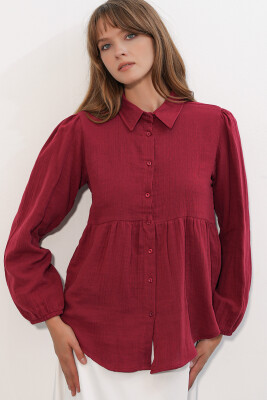 Kadın Dokulu Oversize Keten Gömlek 20381 - Bordo - 4