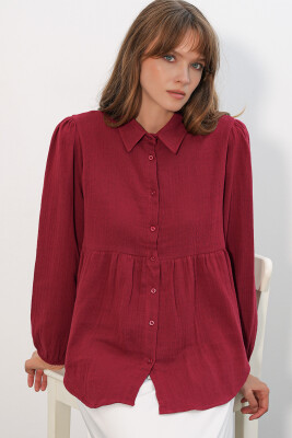 Kadın Dokulu Oversize Keten Gömlek 20381 - Bordo - 5