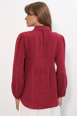 Kadın Dokulu Oversize Keten Gömlek 20381 - Bordo - 7