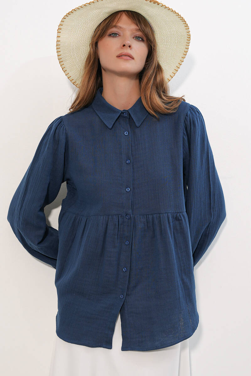 Kadın Dokulu Oversize Keten Gömlek 20381 - Lacivert - BİGDART