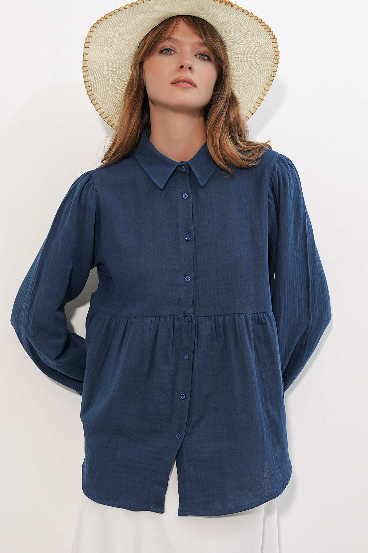 Kadın Dokulu Oversize Keten Gömlek 20381 - Lacivert - 1