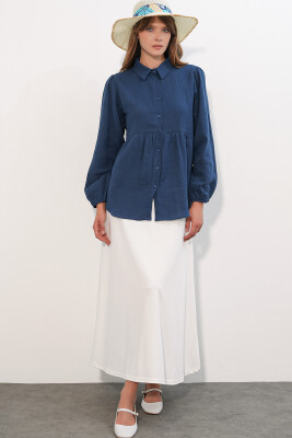 Kadın Dokulu Oversize Keten Gömlek 20381 - Lacivert - 2