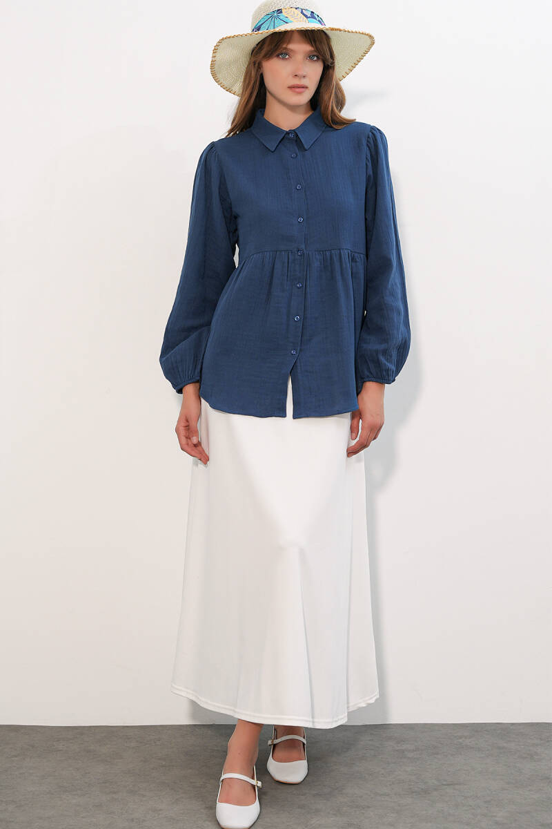 Kadın Dokulu Oversize Keten Gömlek 20381 - Lacivert (1)