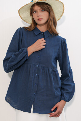 Kadın Dokulu Oversize Keten Gömlek 20381 - Lacivert - 3