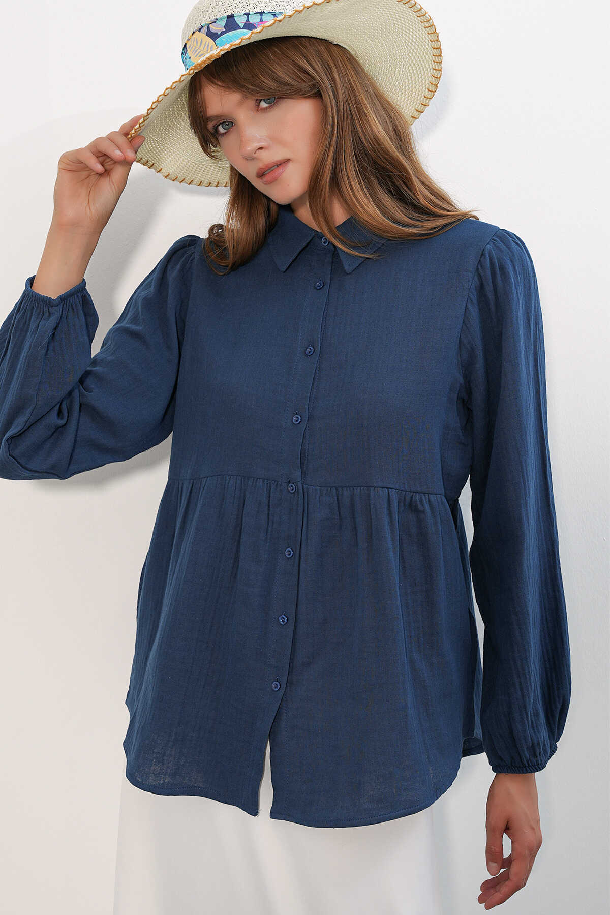 Kadın Dokulu Oversize Keten Gömlek 20381 - Lacivert - 4