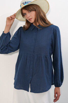 Kadın Dokulu Oversize Keten Gömlek 20381 - Lacivert - 4
