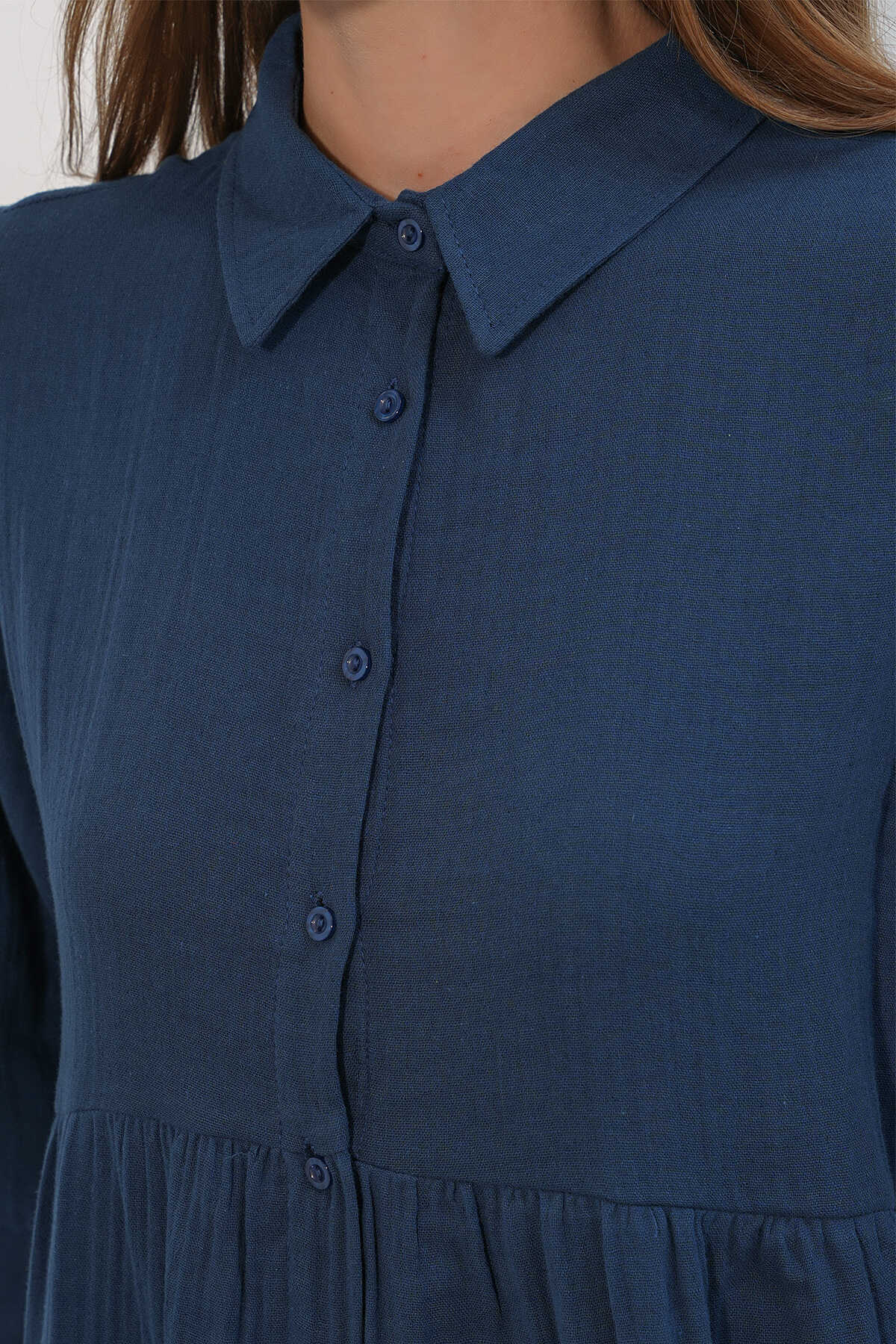 Kadın Dokulu Oversize Keten Gömlek 20381 - Lacivert - 5