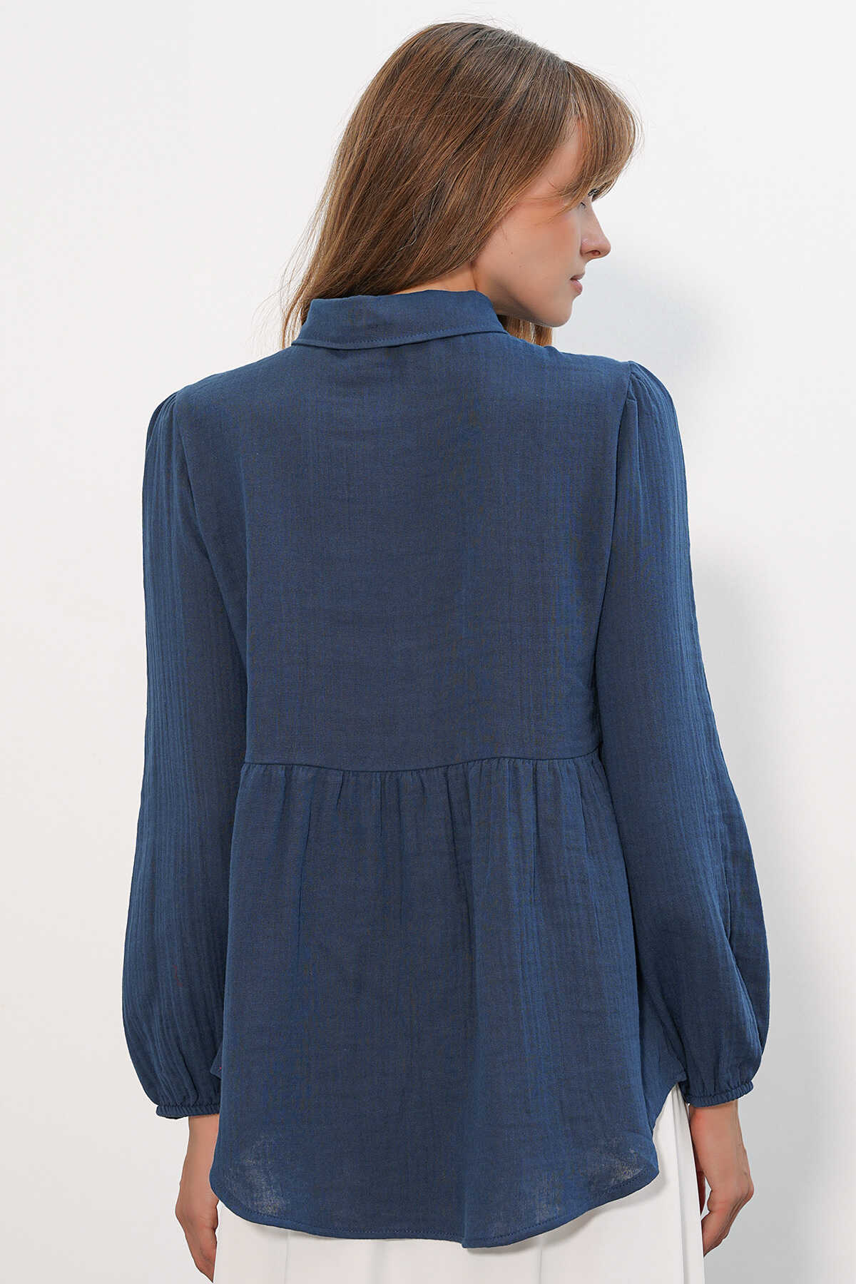 Kadın Dokulu Oversize Keten Gömlek 20381 - Lacivert - 6