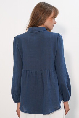 Kadın Dokulu Oversize Keten Gömlek 20381 - Lacivert - 6
