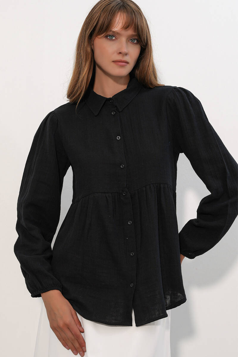 Kadın Dokulu Oversize Keten Gömlek 20381 - Siyah - BİGDART