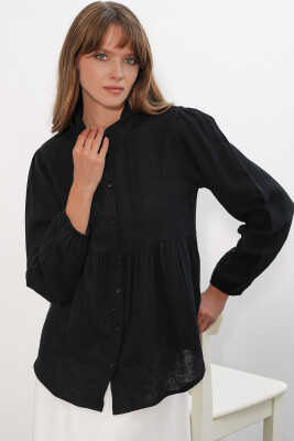 Kadın Dokulu Oversize Keten Gömlek 20381 - Siyah - 3