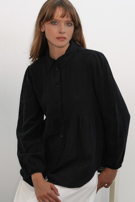 Kadın Dokulu Oversize Keten Gömlek 20381 - Siyah - 4