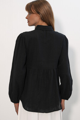 Kadın Dokulu Oversize Keten Gömlek 20381 - Siyah - 6