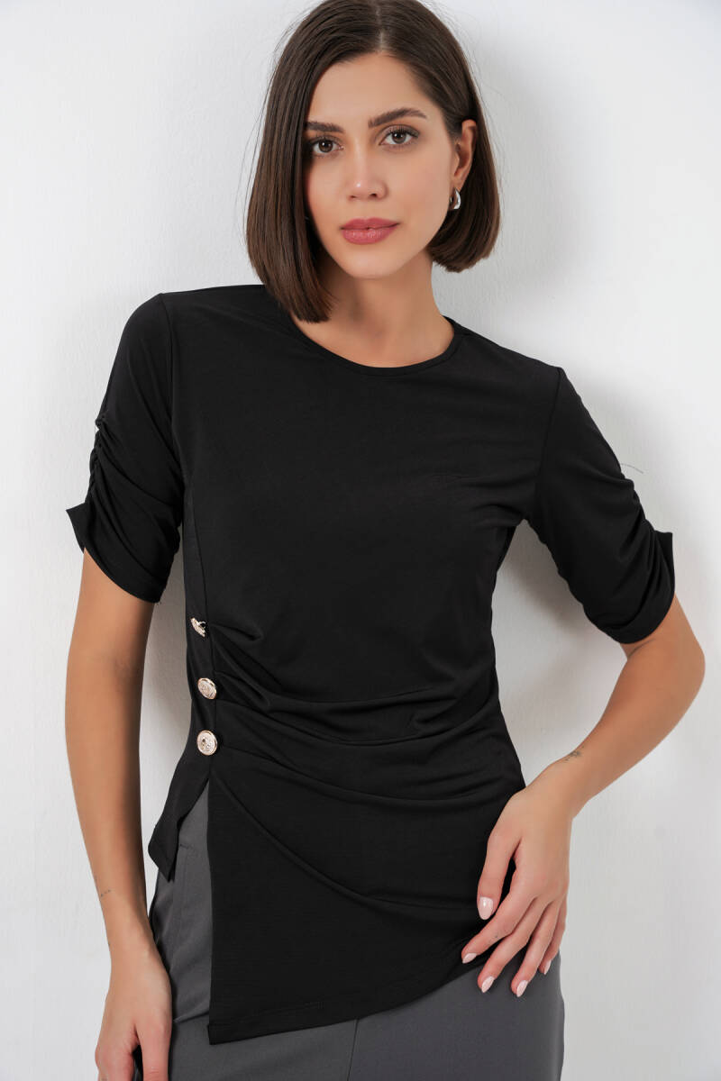 Kadın Düğme Detaylı Sandy Bluz 992 - Siyah - BİGDART