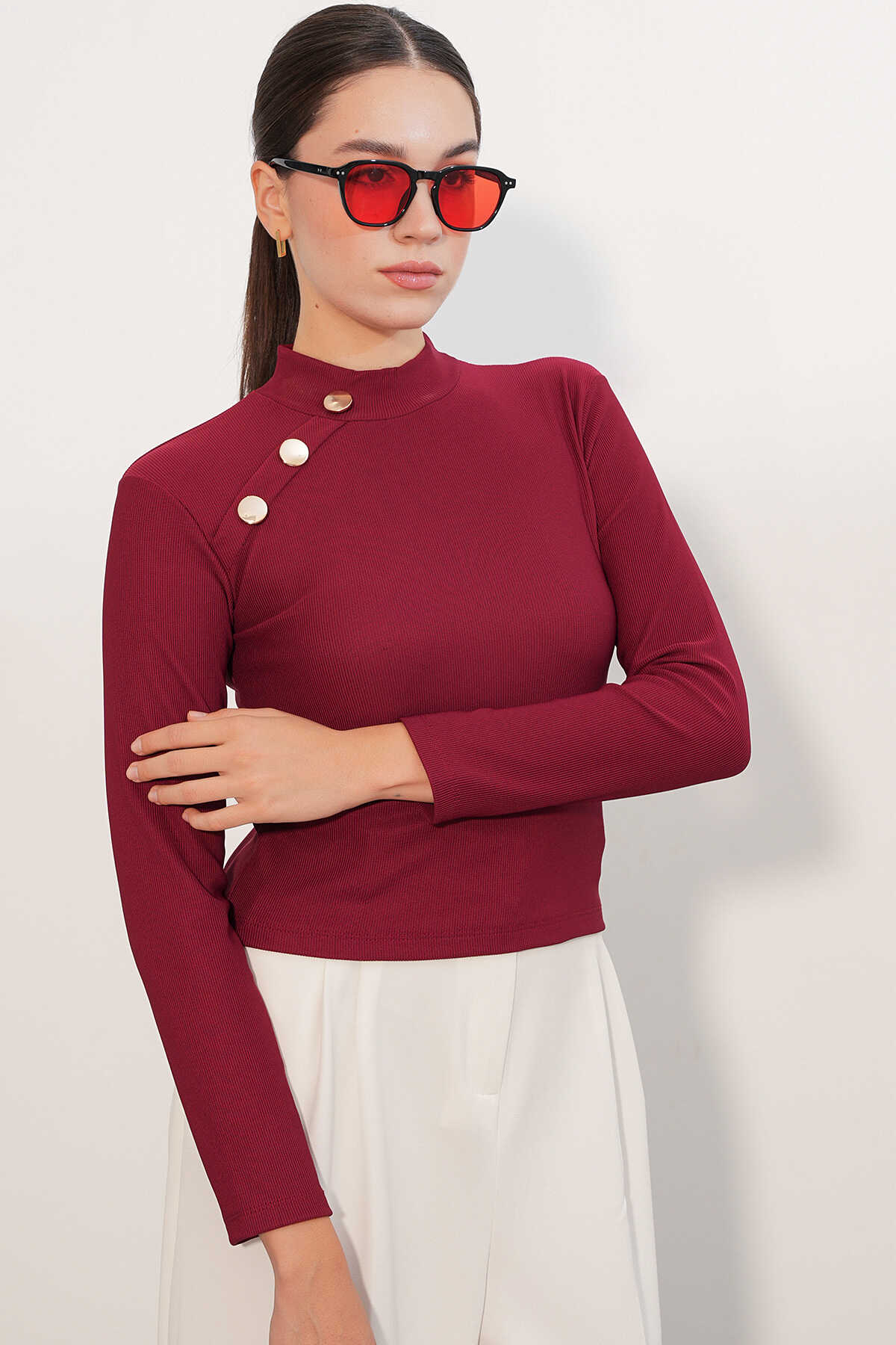 Kadın Düğme Detaylı Uzun Kol Bluz 40044 - Bordo - 3