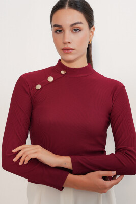 Kadın Düğme Detaylı Uzun Kol Bluz 40044 - Bordo - 4
