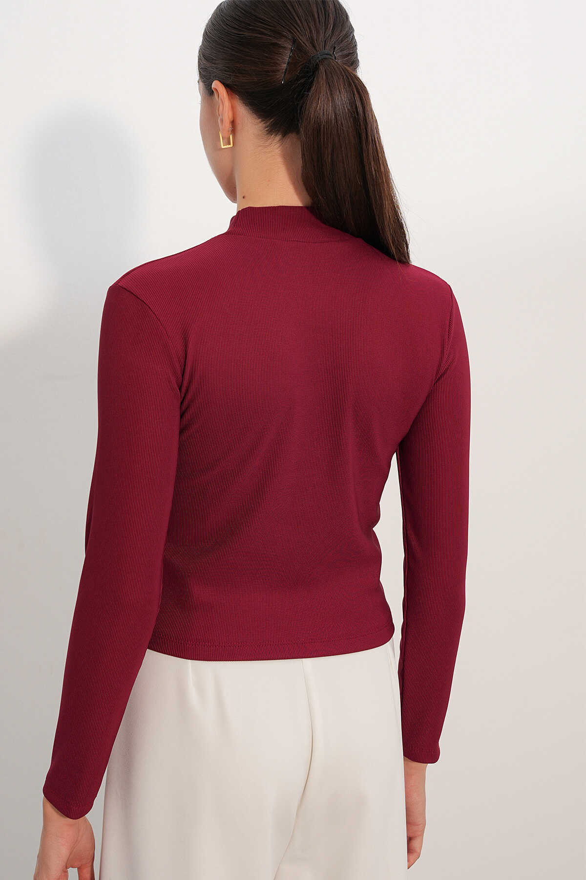 Kadın Düğme Detaylı Uzun Kol Bluz 40044 - Bordo - 6
