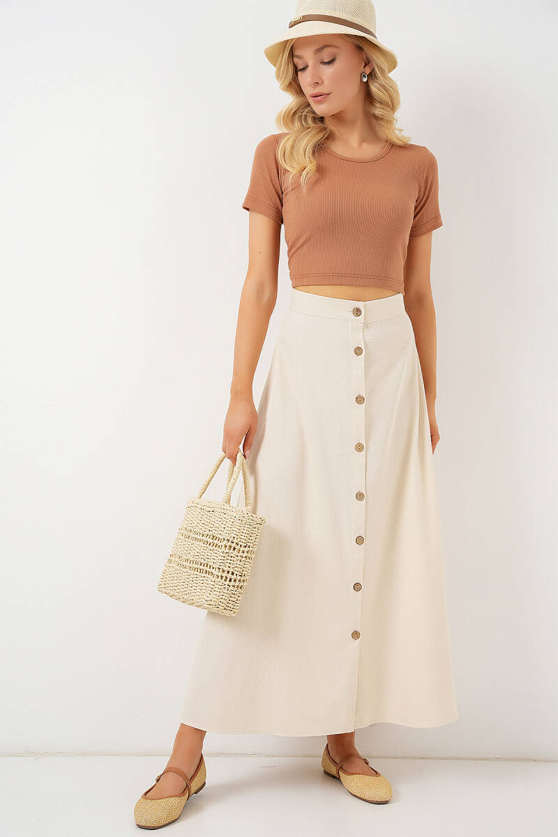 Kadın Düğmeli Keten Uzun Etek 8046 - Krem - BİGDART