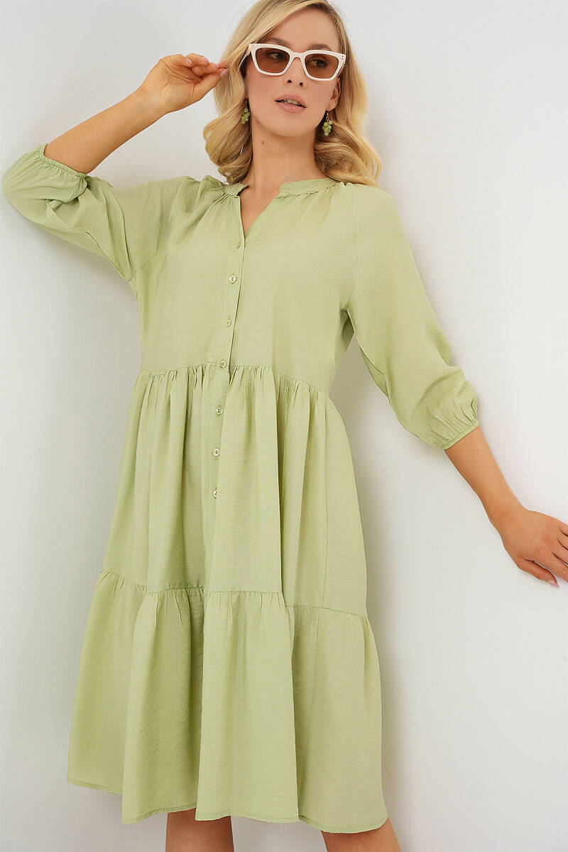 Kadın Düğmeli Kısa Kol Elbise 2559 - E.Yeşil - BİGDART