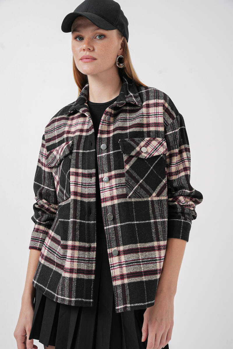 Kadın Ekose Desen Oversize Oduncu Gömlek 3854 - C.Siyah - BİGDART