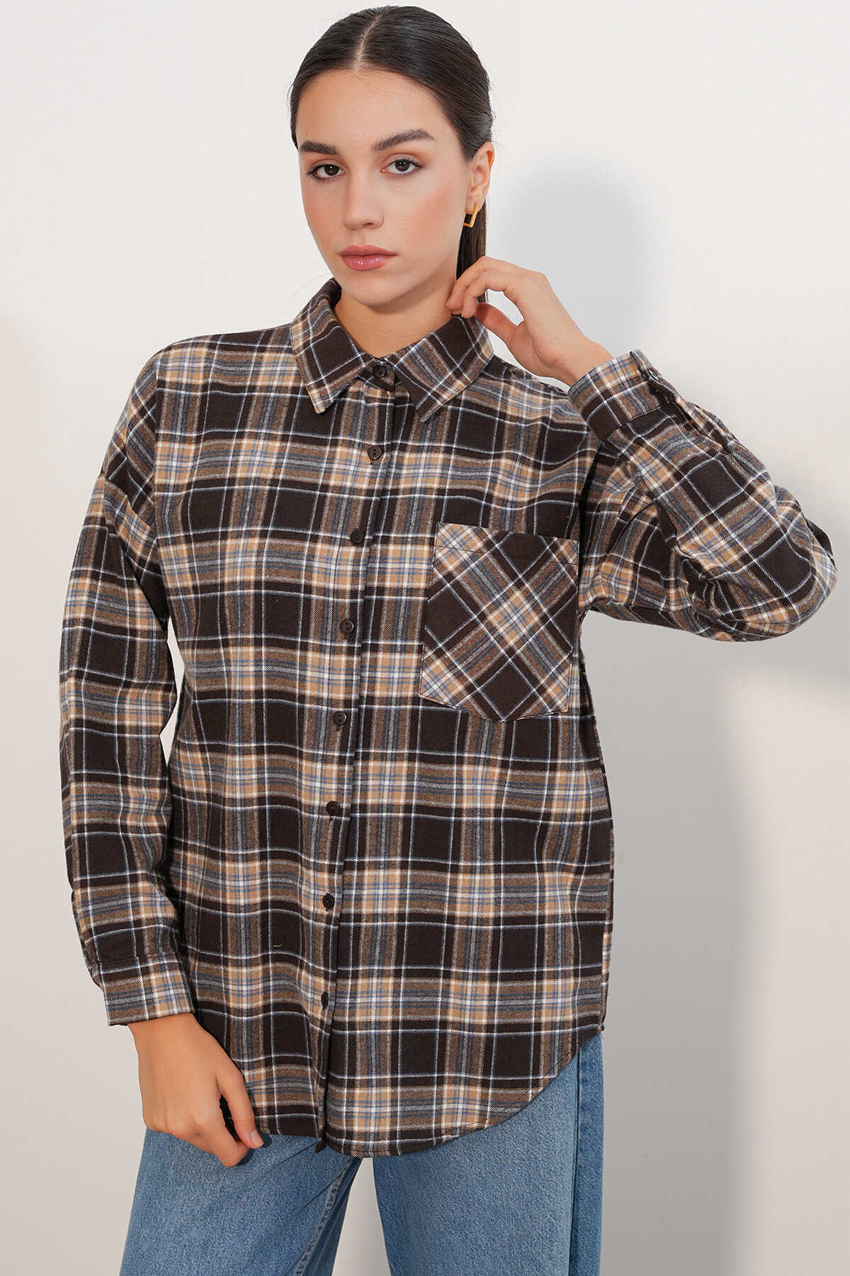 Kadın Ekose Desen Oversize Oduncu Gömlek 3854 C. Kahverengi - 1