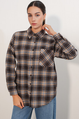 Kadın Ekose Desen Oversize Oduncu Gömlek 3854 C. Kahverengi - 1